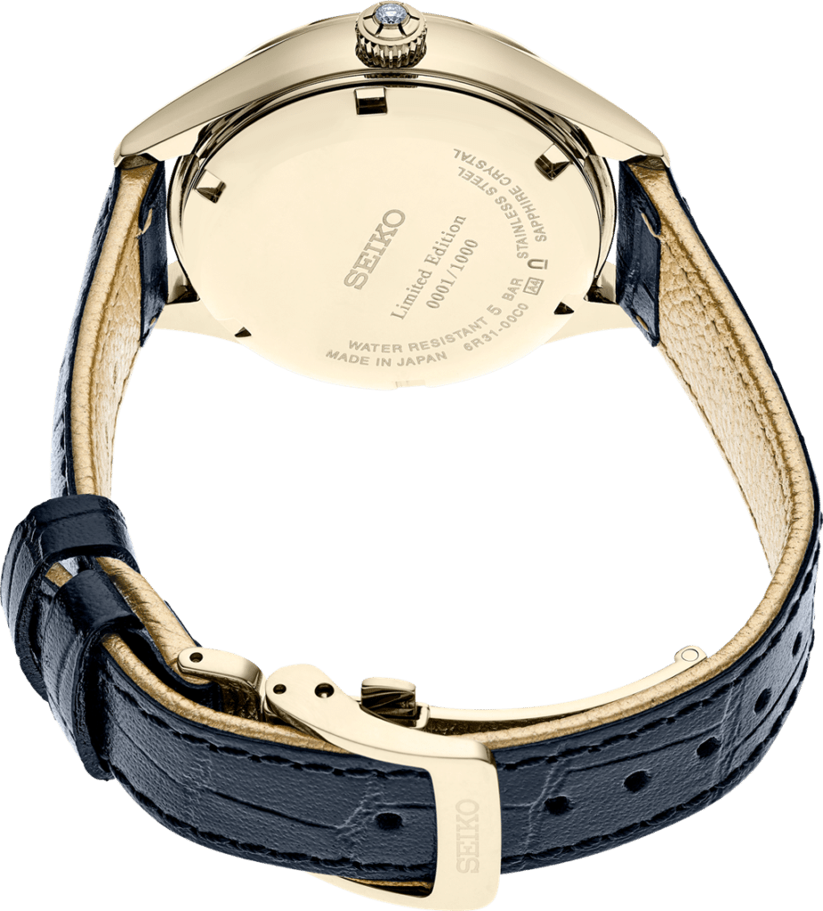 Luxurious Seiko limited edition watch with elegant gold-tone, navy leather strap, and quartz movement.