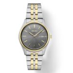 Elegant Seiko watch with gray dial, gold accents, stainless steel case, and day-date display.