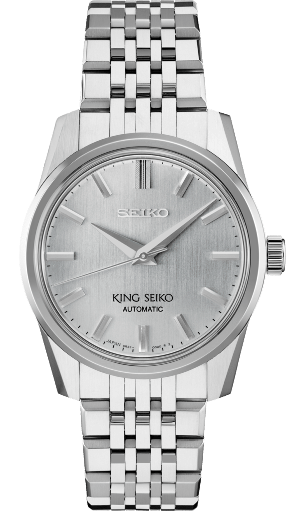 Elegant Seiko automatic watch with polished stainless steel case and minimalist silver dial.