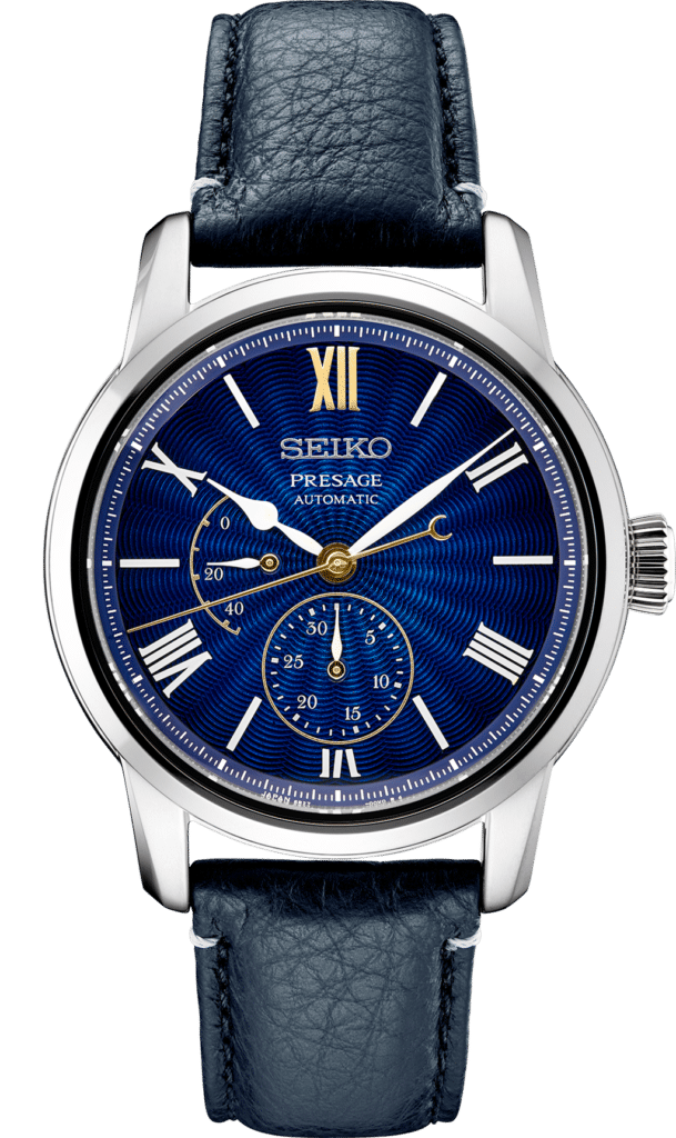 Elegant Seiko Presage watch features a blue dial, leather strap, and sophisticated craftsmanship.
