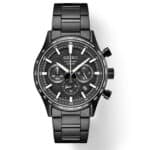 Sleek all-black Seiko chronograph watch with stainless steel case and luminous dial features.