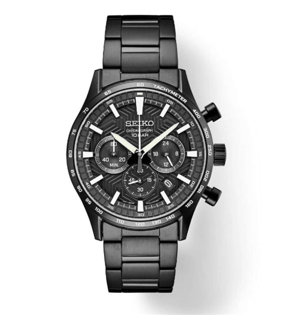 Sleek all-black Seiko chronograph watch with stainless steel case and luminous dial features.