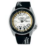 Stylish Seiko sports watch features a stainless steel case, black bezel, and vibrant design elements.