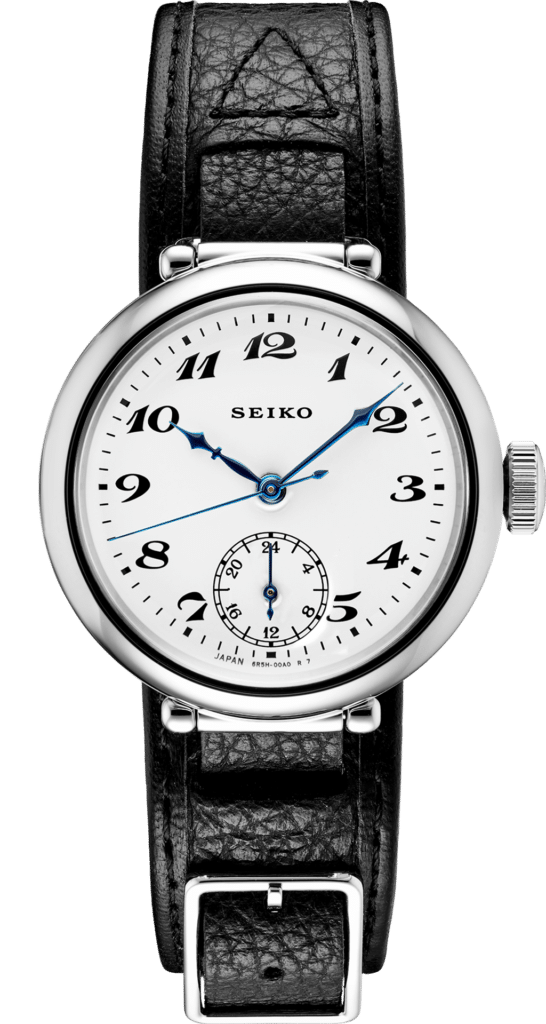 Elegant Seiko watch with stainless steel case, minimalist white dial, and black leather strap.