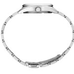 Sleek silver wristwatch with minimalist design and interlocking metal link bracelet for timeless elegance.