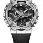Casio G-Shock watch with stainless steel case, multifunctional features, and durable rubber band.