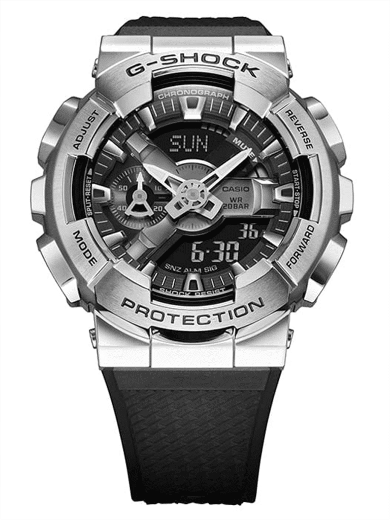 Casio G-Shock watch with stainless steel case, multifunctional features, and durable rubber band.