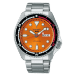 Vibrant orange dial sports watch with luminous markers, unidirectional bezel, and automatic movement.