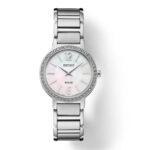 Elegant Seiko solar watch with mother-of-pearl dial and crystal bezel, perfect for any occasion.
