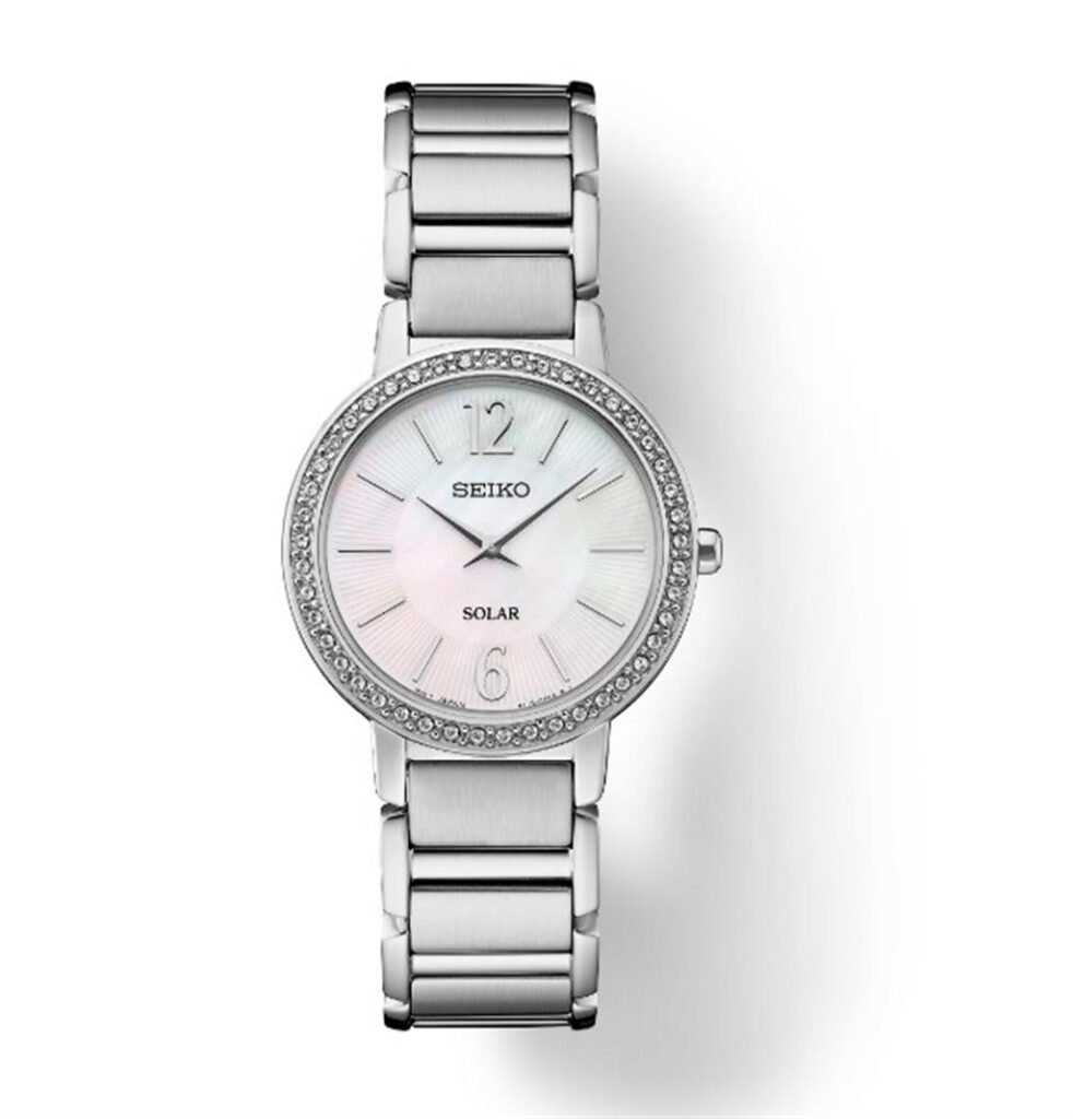Elegant Seiko solar watch with mother-of-pearl dial and crystal bezel, perfect for any occasion.