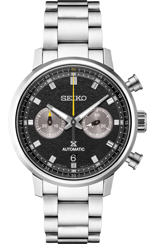 Elegant Seiko chronograph watch with black dial, silver accents, and stainless steel bracelet.