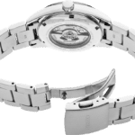 Elegant Seiko watch with polished stainless steel case and intricate movement, ideal for any occasion.