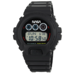 NASA G-Shock watch with digital display, rugged design, and stylish black rubber strap.