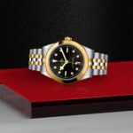 Luxurious dual-tone watch on a striking red and silver background, showcasing elegance and craftsmanship.