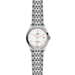 Tudor stainless steel watch with white dial, orange accents, and woven bracelet design.