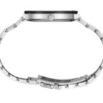 Minimalist stainless steel wristwatch with interlocking links and a sleek black bezel.