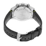 Sleek Seiko stainless steel chronograph watch with textured black strap and sapphire crystal.