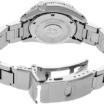 Seiko diving watch with stainless steel case and bracelet, showcases durability and style for divers.