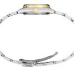 Elegant two-tone silver and gold wristwatch with a sleek design and stainless steel bracelet.