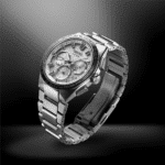 Elegant silver Seiko Astron watch on a dark gradient background, showcasing luxury and craftsmanship.