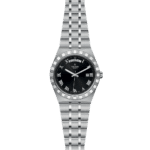 Tudor luxury watch with stainless steel case, black dial, and elegant Roman numerals.