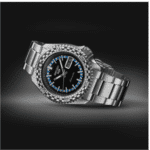 Stylish Seiko watch with stainless steel case, black dial, and blue accents for modern elegance.