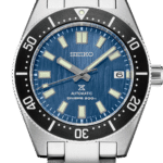 Stylish Seiko divers watch with blue dial, stainless steel case, and unidirectional bezel.