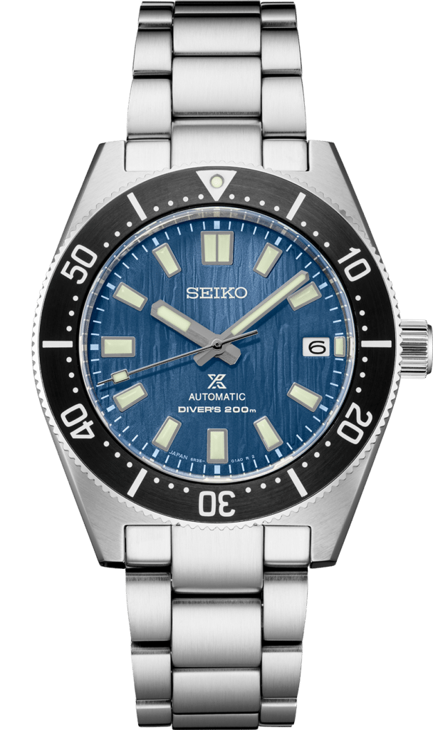 Stylish Seiko divers watch with blue dial, stainless steel case, and unidirectional bezel.
