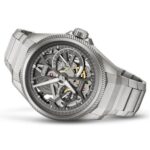 Oris skeleton watch features intricate design, modern gray case, and exposed mechanical movement.