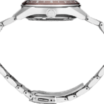 Stylish stainless-steel wristwatch featuring a brown dial and rotating bezel for divers.