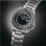 Bold Seiko watch with a black dial, stainless steel bracelet, and unidirectional rotating bezel.