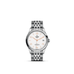 Elegant Tudor Swiss wristwatch with white textured dial, orange accents, and stainless steel bracelet.