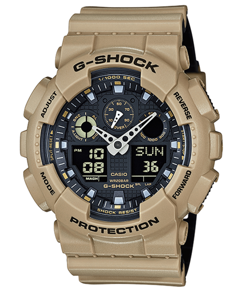G-Shock watch in sandy beige, featuring a rugged design, luminous hands, and multiple functions.