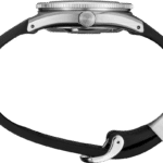 Stylish stainless steel wristwatch with black rubber strap, featuring a textured bezel and prominent crown.