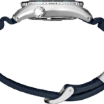 Elegant stainless steel wristwatch with a navy blue strap and textured crown for easy adjustments.