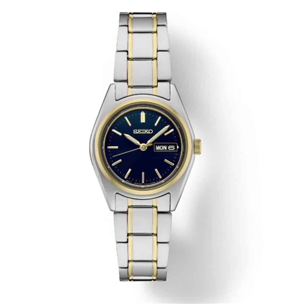 Stylish Seiko watch with elegant gold accents and a deep navy blue dial.
