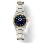 Stylish Seiko watch with elegant gold accents and a deep navy blue dial.