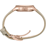 Elegant rose gold wristwatch with muted green strap, combining luxury and modern design.