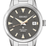 Elegant Seiko automatic watch with stainless steel case, gray dial, and luminous hour markers.