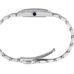 Elegant stainless steel wristwatch with blue gemstone, minimalist design and interlinked bracelet.