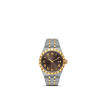 Tudor luxury watch featuring a two-tone design, brown dial, and elegant Roman numerals.