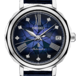 Elegant Seiko automatic watch with a deep blue dial and polished silver octagonal case.