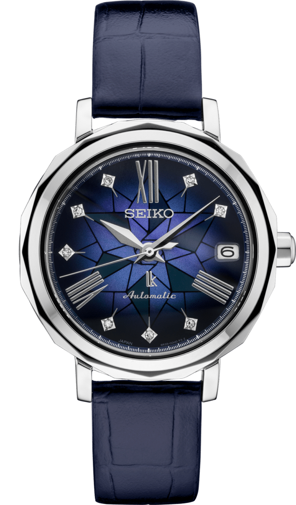 Elegant Seiko automatic watch with a deep blue dial and polished silver octagonal case.