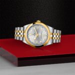 Luxury stainless steel and gold watch on a striking red surface, showcasing elegance and craftsmanship.