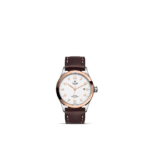 Elegant stainless steel wristwatch with rose gold bezel and brown leather strap, perfect for any occasion.