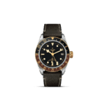 Tudor stainless steel watch with black dial, vintage patina, and brown rotating bezel.