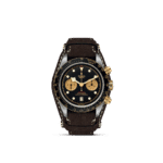 Tudor chronograph watch with black dial, gold accents, stainless steel case, and leather strap.