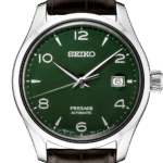 Elegant Seiko Presage Automatic watch with a striking green dial and luxurious brown leather strap.