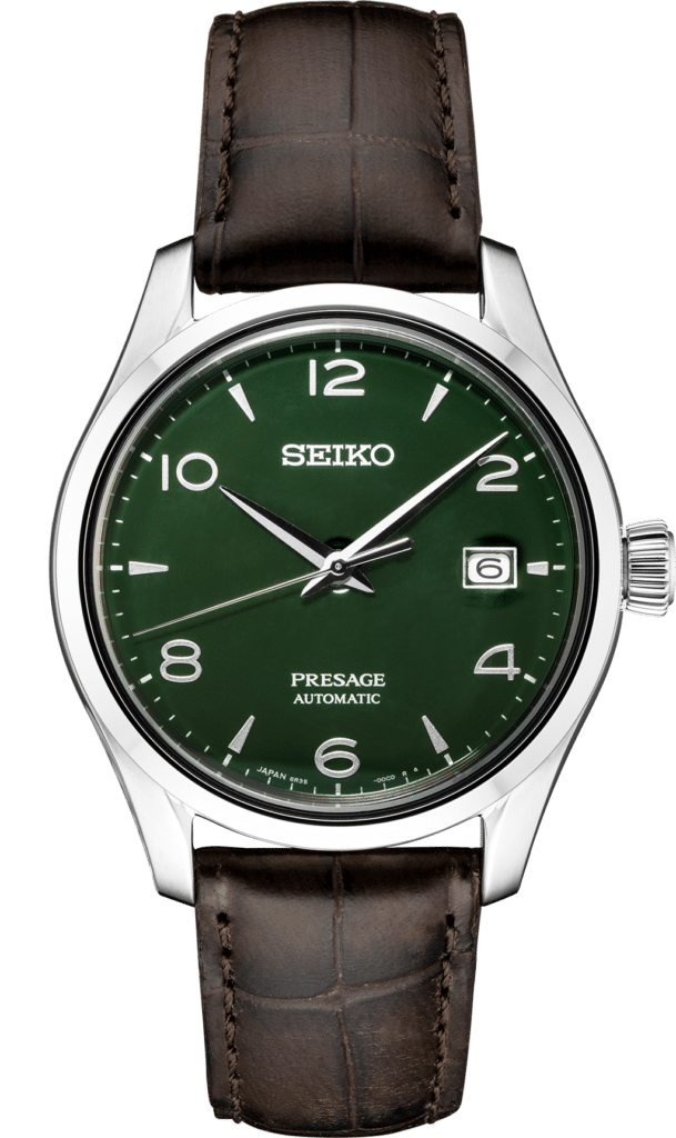 Elegant Seiko Presage Automatic watch with a striking green dial and luxurious brown leather strap.