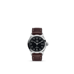 Tudor leather strap watch with polished stainless steel and black textured dial, ideal for any occasion.